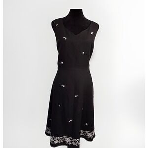 Paraphrase Women's Dress 12 Black Linen Blend Sleeveless Embroidered Fit & Flare